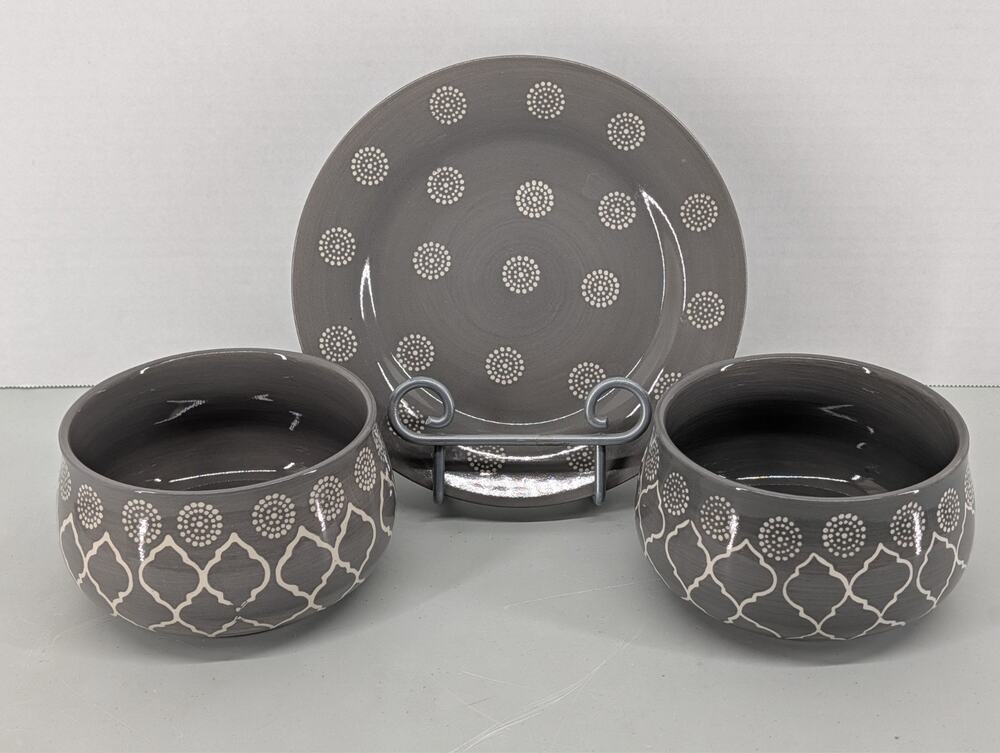 Baum Moroccan Gray & White 2 Bowls Salad Plate Ceramic